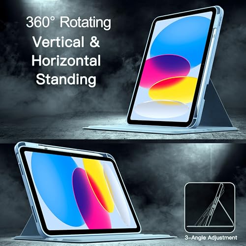 Image of TGK Rotating Case for iPad 10th Gen 10.9 inch 2022 (A2757 / A2777 / A2696) with Pencil Holder 360 Degree Rotation Protective Trifold Stand Cover Clear Back (Sky Blue)