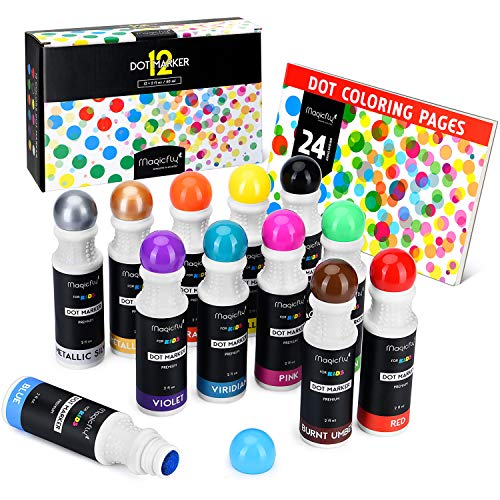 Washable Dot Markers, Magicfly 12 Colors Bingo Daubers with Free Dot Coloring Book