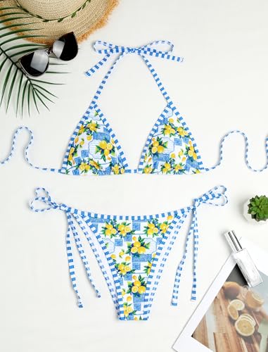 Image of ZAFUL Womens Printed Triangle Bikinis 2 Piece Halter Bikini Sets High Cut Bathing Suit Side Tie Swimsuits
