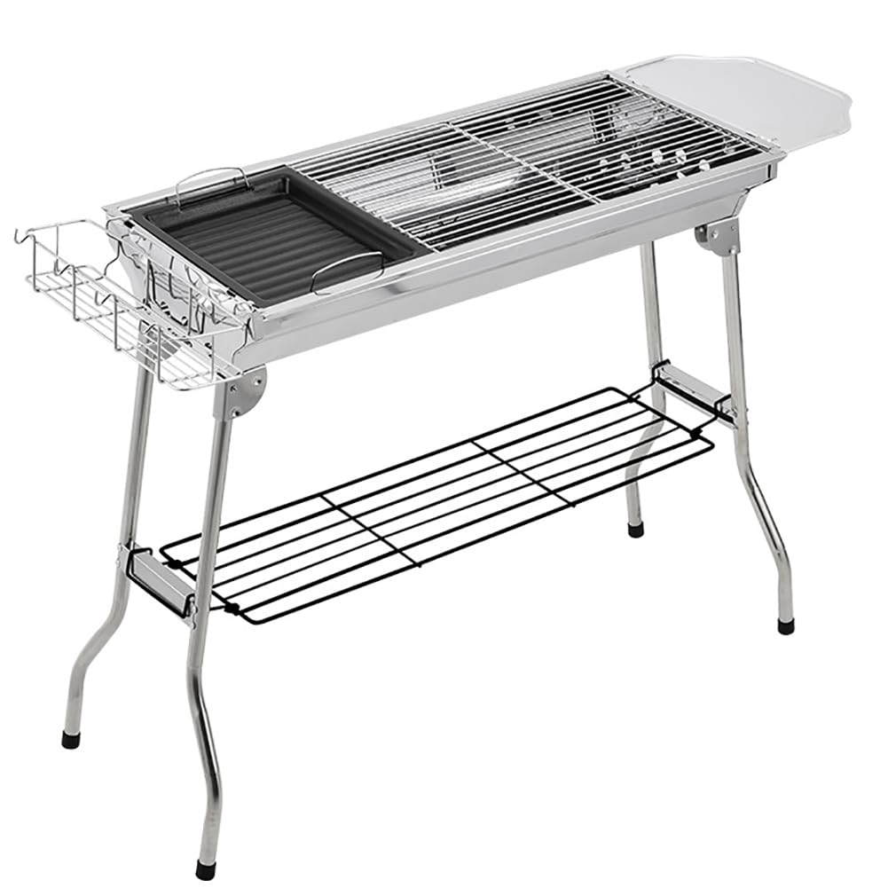 Grande Griglia A Carbone in Acciaio Inox, Cucina da Esterno Pieghevole con Griglia in Acciaio Inox, Raccogli Cenere, Griglia Multifunzione di Grande capacità