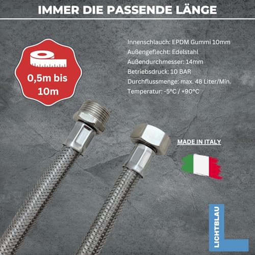 LICHTBLAU Knickfester Edelstahl Aquastopverlängerung I 1,0m I Anschluss 3/4 Zoll Waschmaschine Geschirrspüler I Panzerschlauch Gerade/Gerade inkl. Dichtung I universell verwendbar