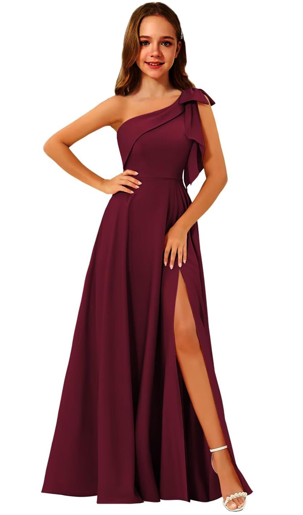 Augday One Shoulder Junior Bridesmaid Dresses with Bow Satin Flower Girl Dress Formal Wedding Birthday Party Gown