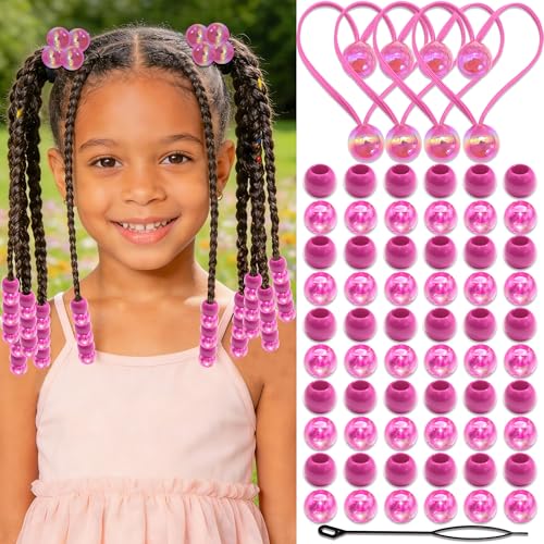 NAISKA 64PCS Hot Pink Hair Beads for Braids Iridescent Round Loc Beads Bubble Ponytail Holders Ball Hair Ties Kids Girls Dreadlock Accessories Set