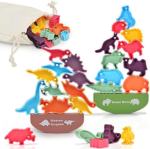 24PCS Dinosaur Stacking Toy Game for Kids 2 Sets in 1, Montessori Learning Balance Building Blocks, Educational STEM Toy with Storage Bag, Birthday Gift for Toddlers, Boys and Girls 3 4 5 6 7 Years