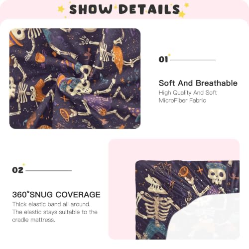 Image of Halloween Cute Skeleton Crib Sheets | Soft Breathable Fitted Baby Crib Sheets Mattress Cover for Girls Boys 52 inch x 28 inch x 9 inch