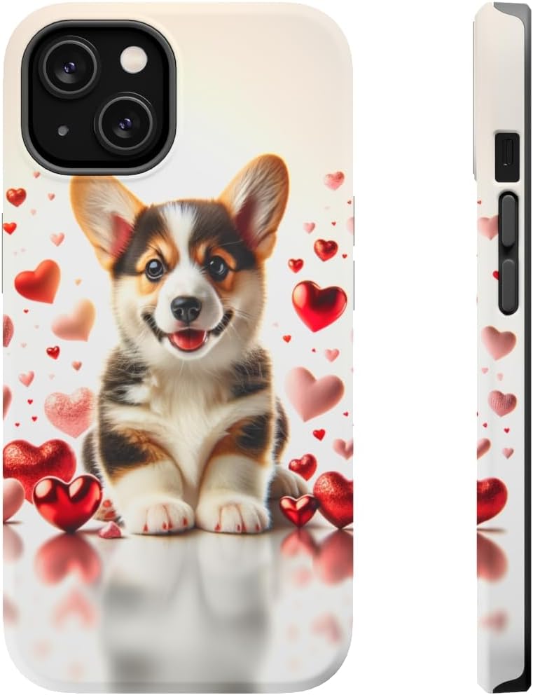 DistinctInk Tough Case for Apple iPhone 13 (6.1" Screen), Compatible with MagSafe Charging - Valentine's Day Cardigan Welsh Corgi Puppy Black