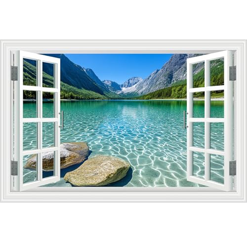 Fake Window Wall Decal - Mountain Lake Scene Mural Faux
