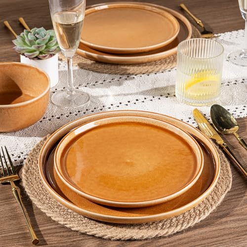 Image of GBHOME Ceramic Dinnerware Sets for 4, 12 Pieces Stoneware Plates and Bowls Sets, Scratch Resistant Dishes, Dishwasher & Microwave Safe, Reactive Glaze-Amber