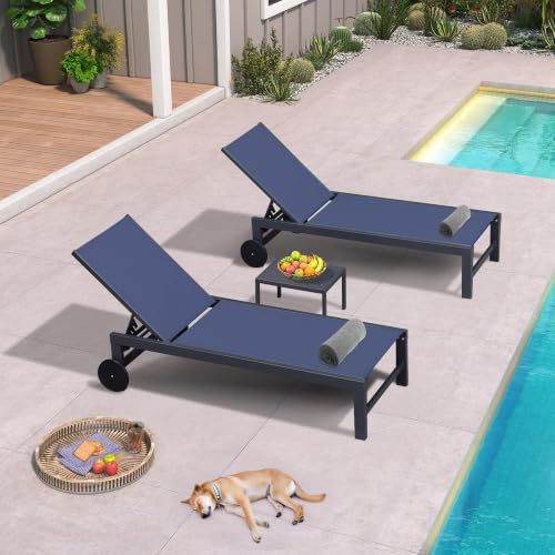 Image of PURPLE LEAF Patio Chaise Lounge with Wheels, Fade-Resistant, Navy
