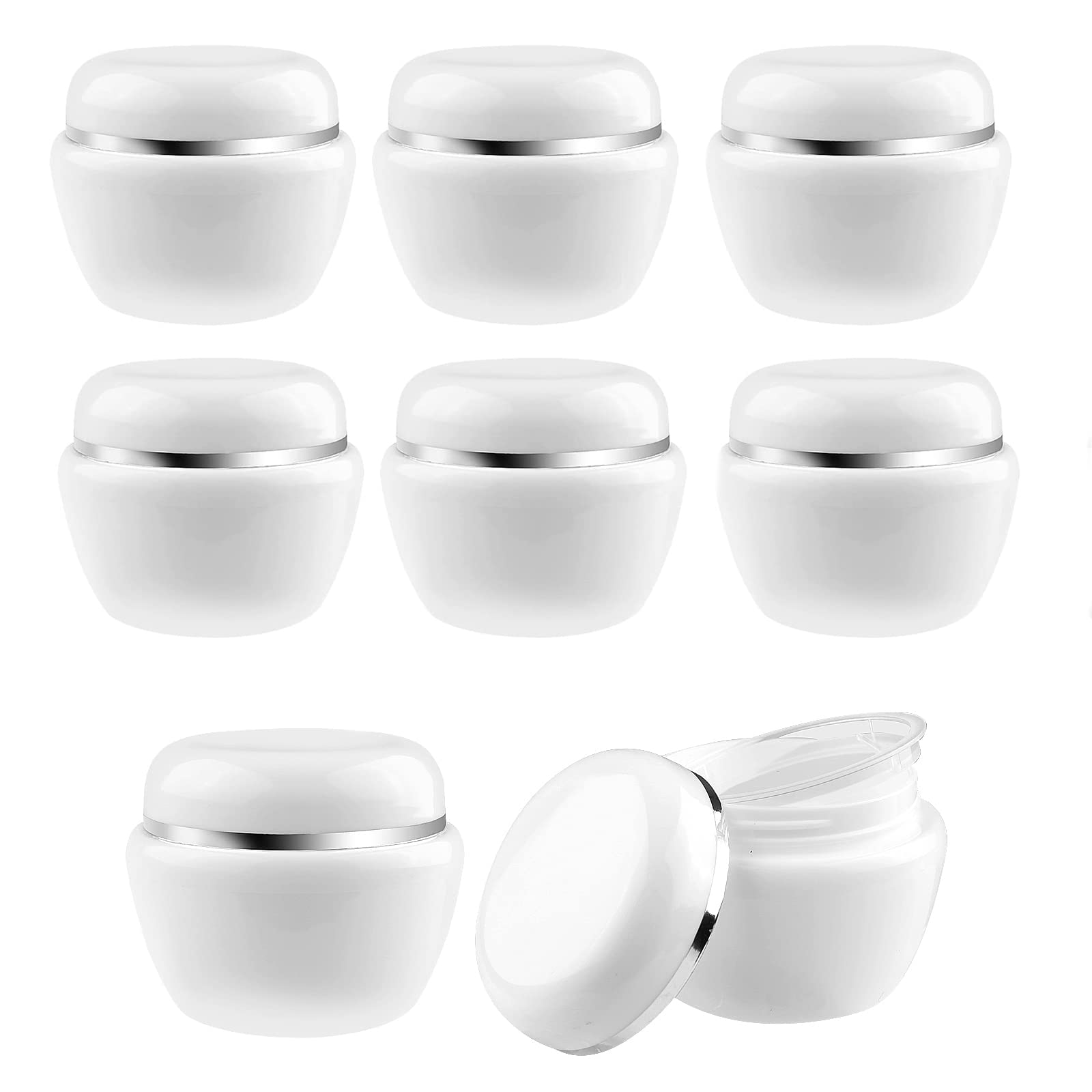 MAKINGTEC Cosmetic Sample Jars, Refillable 50ml/50g White Plastic Refillable Travel Pot Containers with Silver Dome Lids and Inner Liners for Makeup Creams Beauty Nails Jewelry(8Pcs )