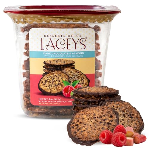 Laceys Gourmet Cookies | Light and Crispy Delicious Cookies | Handcrafted by Desserts On Us (8 Ounce Tub, Dark Chocolate & Almond with Raspberry Rhubarb)