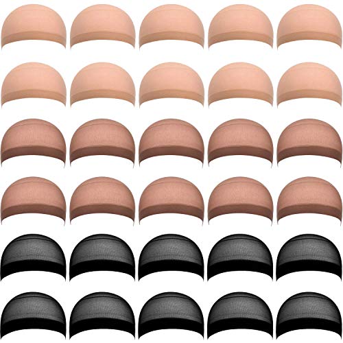 eBoot 30 Pieces Nylon Wig Caps for Women and Men (Skin, Black, Light Brown)