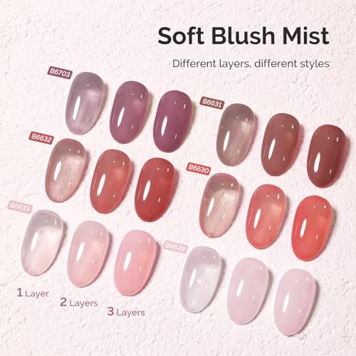 Image of MelodySusie Jelly Gel Nail Polish Set,6 Transparent Colors,Milky or Jelly Texture,Soft Blush Mist Colors Soak Off UV LED Light Cure or Salon Manicure and Nail Art DIY at Home