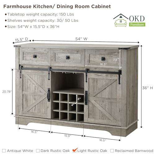 OKD-Farmhouse-Wine-Bar-Cabinet-wSliding-Barn-Door-54-Kitchen-Coffee-Bar-Cabinet-wWine-Glass-Rack-Storage-Shelves-3-Drawers-Rustic-Large-Buffet-Sideboard-for-Dining-Room-Light-Rustic-Oak OKD Farmhouse Wine Bar Cabinet wSliding Barn Door 54 Kitchen Coffee Bar Cabinet wWine Glass Rack Storage Shelves 3 Drawers Rustic Large Buffet Sideboard for Dining Room Light Rustic Oak