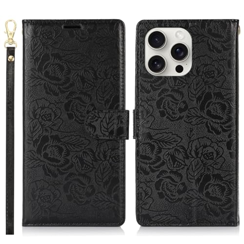 Étui portefeuille iPhone 14 Pro en cuir PU noir avec porte-cartes et béquille