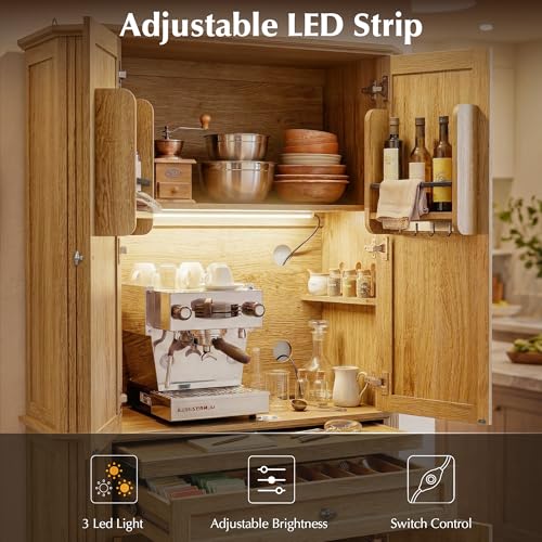 Image of 72.2 inch Tall Kitchen Pantry Cabinet with Doors, Farmhouse Storage Cabinet with Charging Station & LED Light, Drawer, Adjustable Shelves and Pull-Out Shelves, Oak Wood Pantry Cupboard for Dining Room