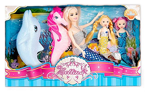 Sparkled Mermaid Princess Doll Playset , Dress Doll 12" with 2 Mini Doll 3" and Dolphin and Seahorse Mermaid Toys for Little Girls and Play Gift Set Aged 3+