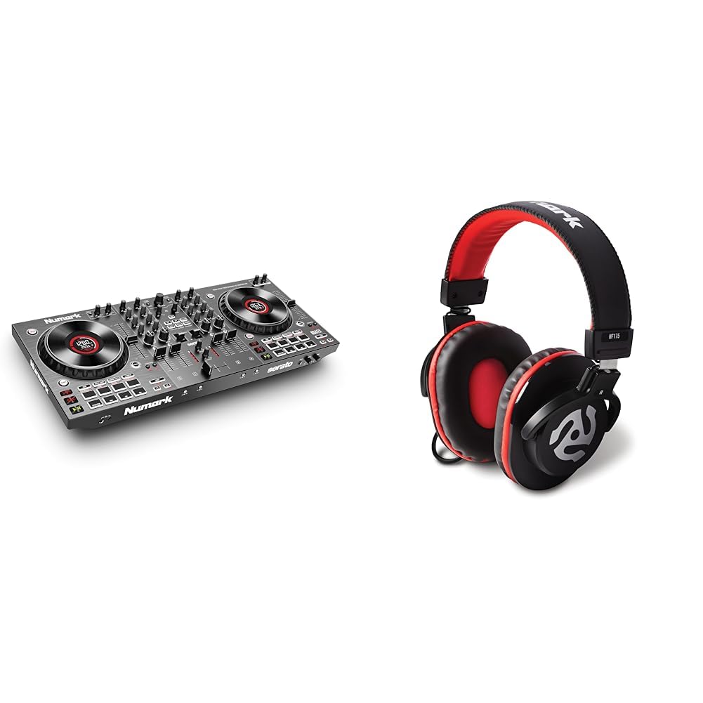 Numark NS4FX - Controladora DJ de 4 canales, jog wheels táctiles con pantallas, pads y efectos & HF175 - Auriculares de DJ de diseño cerrado, transductores de 40mm