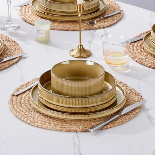 Image of E-far 16 Piece Dinnerware Sets, Plates and Bowls with Pasta Bowls Service for 4, Modern Stoneware Ribbed Dishes for Kitchen Dining, Microwave & Dishwasher Safe, Caramel Khaki