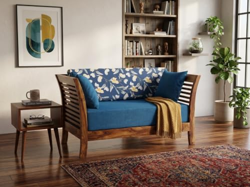 Image of Solid Sheesham Wood 2 Seater Sofa Set for Living Room | Wooden Couch with Cushions | Handcrafted Sheesham Wood Sofa | Home & Office Furniture | 2 Seater Sofa Set |