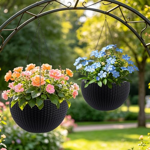 Self Watering Hanging Planter Set, Large Deep Planter with Water Storage and Drainage System, UV and Crack Resistant, Breathable Root Control Design for Indoor Outdoor Plants Patio Garden, Black by GDFStudio - Used condition - US$58.69