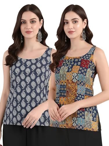 Image of Pinkmint Women Cotton Blend Printed Short Kurti Top (Pack of 2) | Stylish Casual Wear | Sleeveless Top | Back Dori Design | Comfortable Kurta Tops