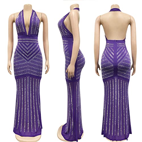 Image of PORRCEY Women's Sexy Rhinestone Mesh See Through Party Night Prom Dress