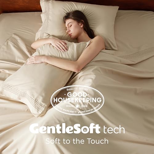 Image of Bedsure Deep Pocket King Sheet Set - Fits Mattresses Up to 21 Inches Thick - 4 Piece GentleSoft Bed Sheets, Moisture Wicking, Soft & Cooling Bedsheet & Pillowcases, Easy & Secure Fit, Beige