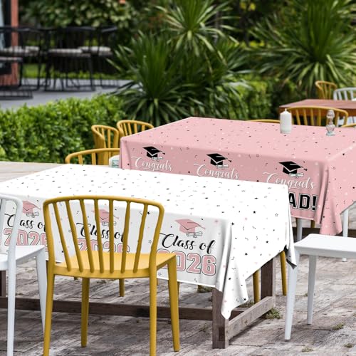Image of 2026 Graduation Decorations,Congrats Grad Tablecloth 2pcs White Pink Class of 2026 Table Covers Rectangle for Graduation Party Supplies,108x54inch(Pink)