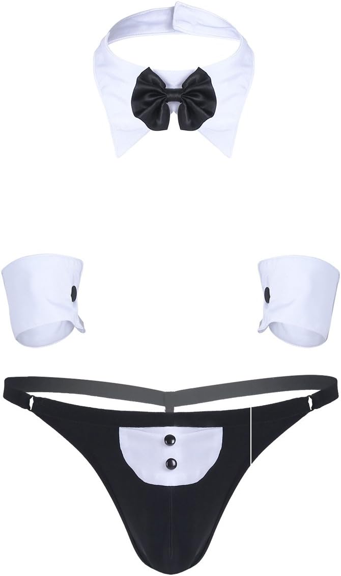 easyforever 3Pcs Mens Waiter Lingerie Set Tuxedo G-String Thong Briefs Underwear Suit for Cosplay