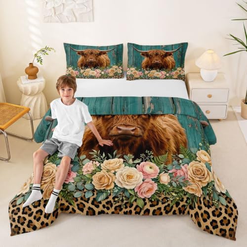 Image of Feelyou Highland Cow Bedding Set Leopard Floral Comforter Set for Kids Boys Girls Brown Safari Cheetah Animal Skin Comforter Teal Blue Wooden Decor Quilt Set Room Decor 3Pcs Full Size