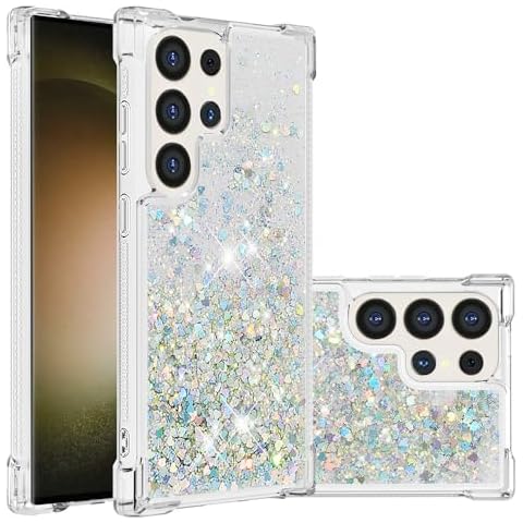 COTDINFOR Case for Samsung Galaxy S24 Ultra Case Glitter Liquid Cute Clear Phone Case Floating Quicksand Shockproof Protective Bumper Soft TPU Case for Samsung Galaxy S24 Ultra Love Sliver YB Cover