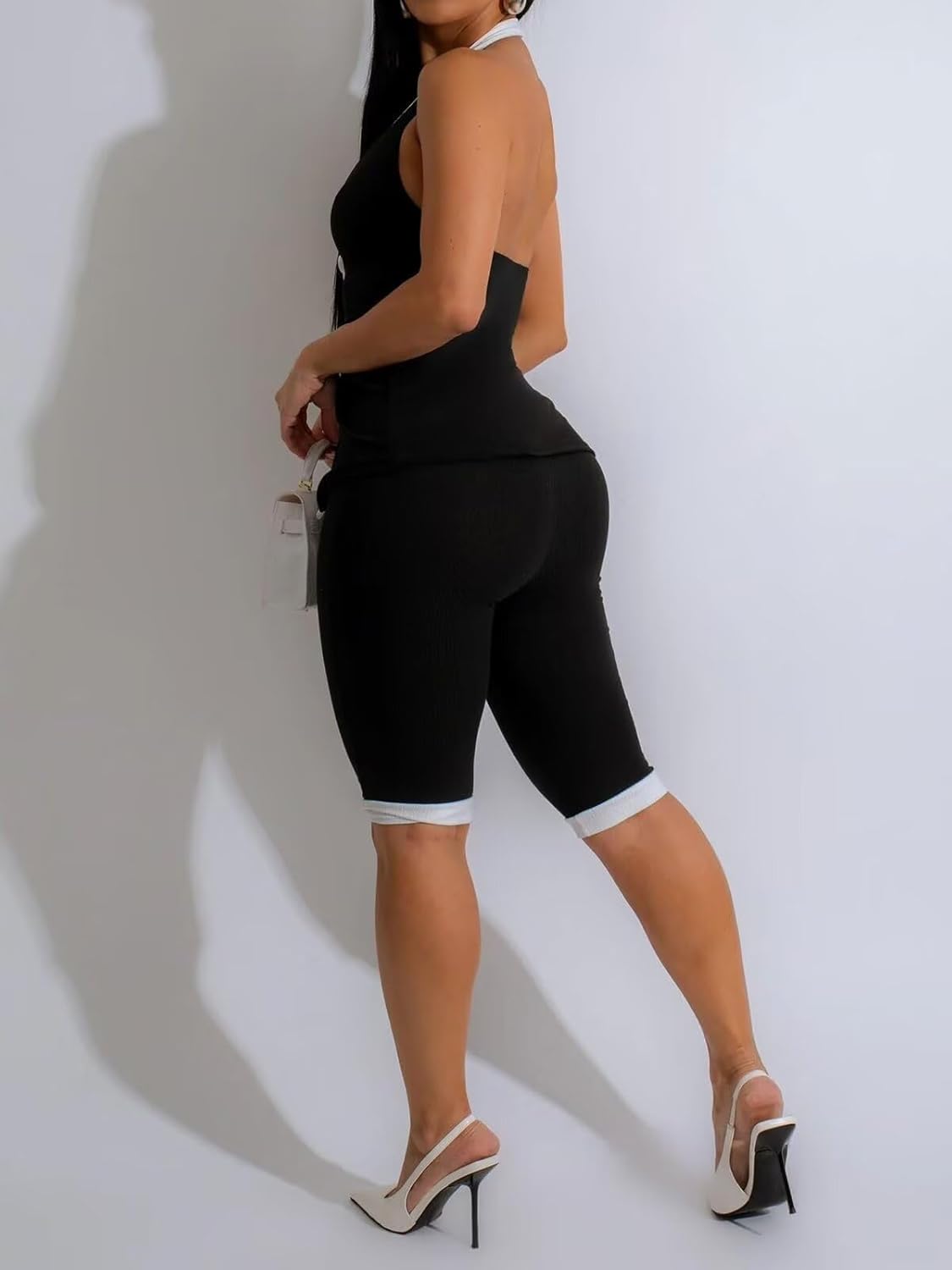 Womens 2 Piece Shorts Set Summer Ribbed Y2K Halter V-Neck Button Vest Sets for Party Outings Tracksuits Romper Set - Image 3