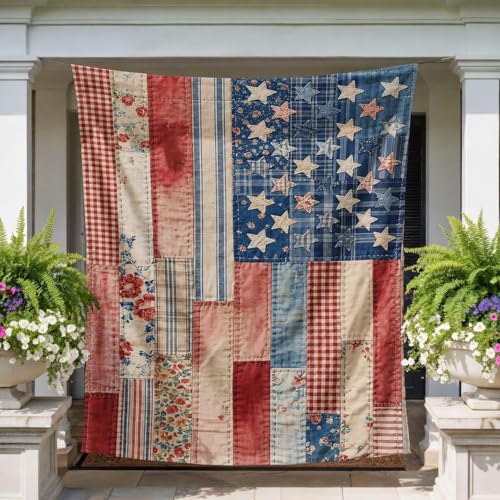 Patriotic American Flag Patchwork Tapestry Banner, Vintage Americana Quilt Style Wall Hanging Decor, Independence Day Gift for Men Women Dad Mom Veterans, Rustic Farmhouse Home Decoration