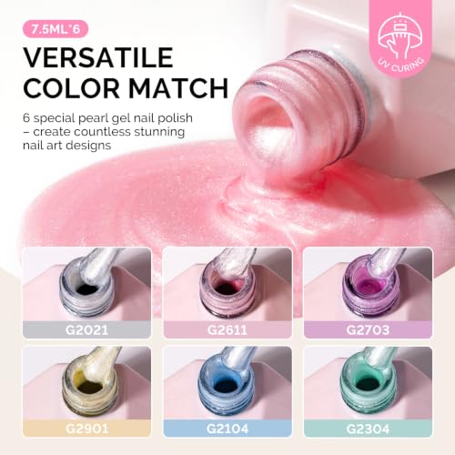 Image of MelodySusie Pearl Gel Nail Polish Set, 6 Colors Pastel Macaron White Green Pink Purple Blue Yellow Iridescent Drawing Glitter Gel Polish Soak Off Swirl Shell Thread Effect Nail Art Gifts for Women