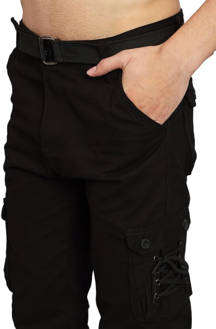 Buy Men's Black Cargo Jogger Pants with Belt, Multiple Pockets