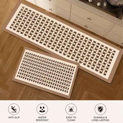 Image of HomeCloud Rubber Kitchen Mats for Floor Set of 2 Pcs | Non-Skid, Soft Absorbent Rugs for Kitchen, Laundry, and Hallway | 120x40cm, 40x60cm| 4mm Thickness(Interlock Beige)