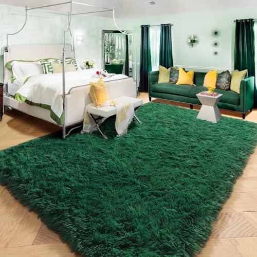 Amdrebio Dark Green Large Living Room Rug 6x9, Fluffy Area Rugs for Bedroom, Soft Fuzzy Shag Rug for Kids Playroom Dorm, Thick Big Modern Rugs for Living Room Decor, Plush Cool Emerald Green Carpet
