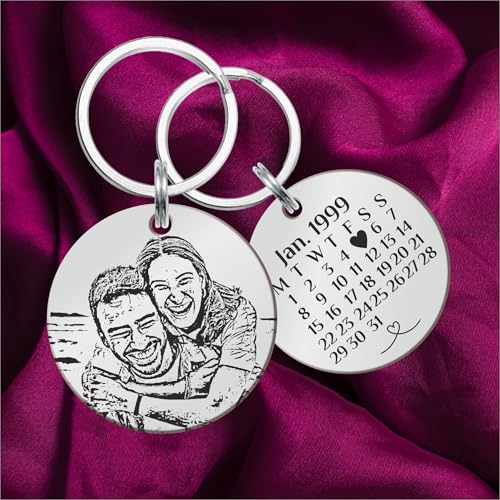 Image of Customized Photo Keychain & Date Engraved Calendar Keychain on Stainless Steel Best Gift For Couple, Bridesmaid, Women, Men And All To Your Loved Ones