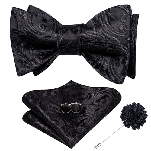 Image of Dubulle Self Tie Bow Ties and Lapel Pin for Men Paisley Solid Mens Bowtie and Handkerchief Cufflinks Set Wedding