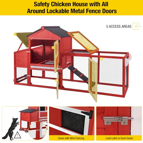 Aivituvin Chicken Coop Expandable Mobile Chicken House for Outdoor with Wheels, Nesting Box, Leakproof Pull-on Tray and UV-Resistant Roof Panel (Red) - Image 3