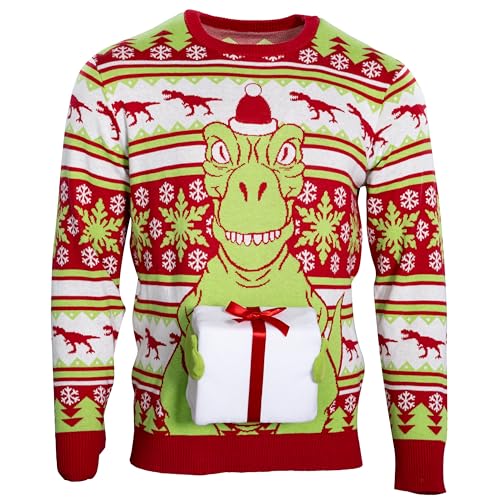 T-Rex Santa Hat 3D Interactive Gift Box Funny Ugly Christmas Sweater Multicolored