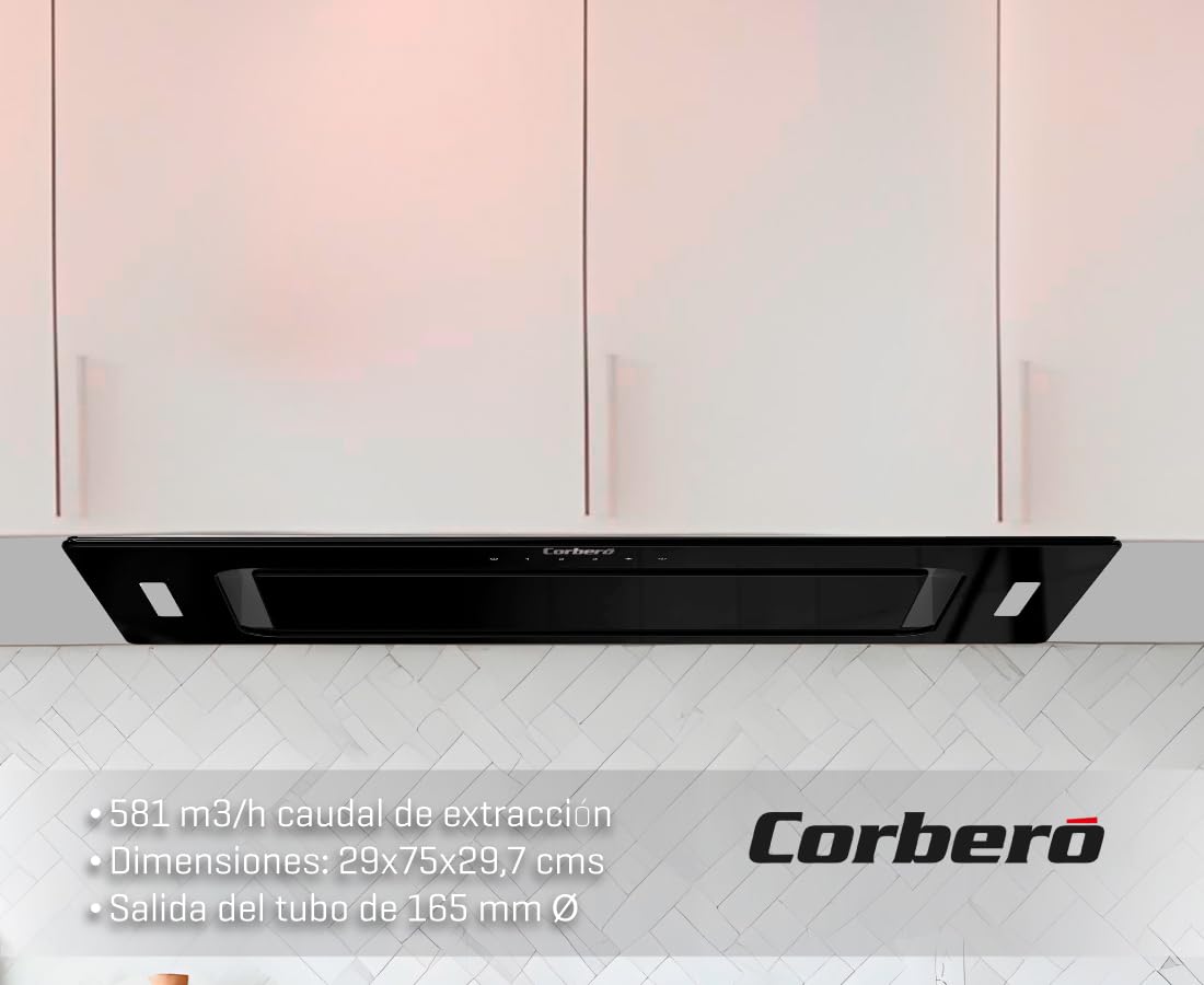 Corberó - Okap filtracyjny | 75 cm | MAURICIO7575B | Przepływ 581 m3/h, 230 W, 3 prędkości, 3-warstwowy filtr aluminiowy, filtr węglowy | E. Energetyczny B | Stal nierdzewna i czarny