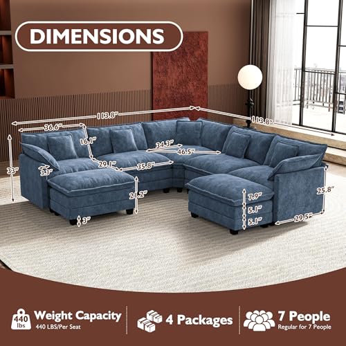 Image of Ihanherry 114 inch V-Shaped Modern Sofa Modular Sectional Cloud Couch with 2 Ottoman, 7-Seat Chenille Deep Seat Sofa with Corner Section for Living Room, Bedroom and Apartment, Blue