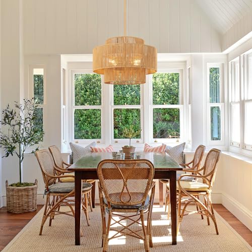 Image of 24'' Boho Rattan Chandelier, 4-Light Hand-Woven Wicker Pendant Lamp, Rustic Modern Ceiling Light Fixture for Dining Room, Kitchen Island, Living Room, Bedroom, Foyer, Entryway, Over Table