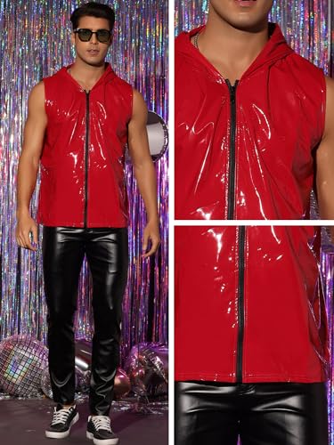 Lars Amadeus Metallic Hoodie Vest for Men's Shiny Party Club PU Zipper Sleeveless Vest4