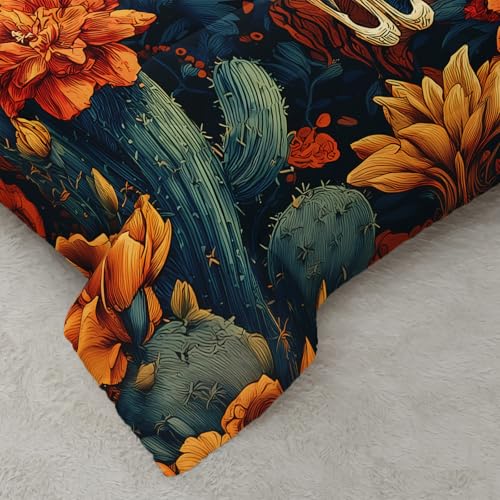 Image of AILONEN Bull Skull Comforter Set Queen Size,Southwestern Floral Cactus Digital Bedding Sets,1 Quilt and 2 Pillowcases,3 Pieces