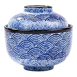 Cerficer Small Covered Stewpot 8.5oz Blue Wave Pattern Ceramic Bowl with Lid for Soups Noodles Desserts and More Japanese style Microwave