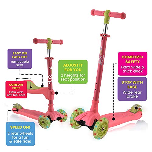 LaScoota Quality Certified Scooter for Kids 3-12 Years Old - 3 Wheel Adjustable Height Scooter w/ Seat & Lightweight Extra-Wide Deck. LED Flashing Wheels. Great Gift & Toy for Toddlers. Anti-Slip