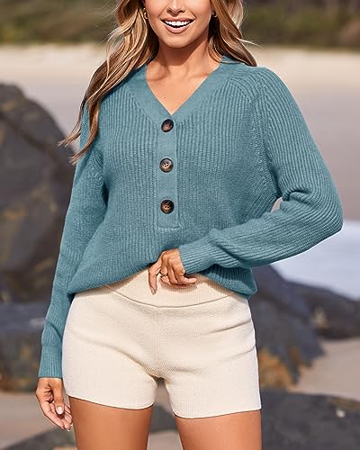 BTFBM Women Long Sleeve V Neck Button Down Sweater Solid Color Ribbed Knit Sweater Casual Relaxed Fit Pullover Jumper4